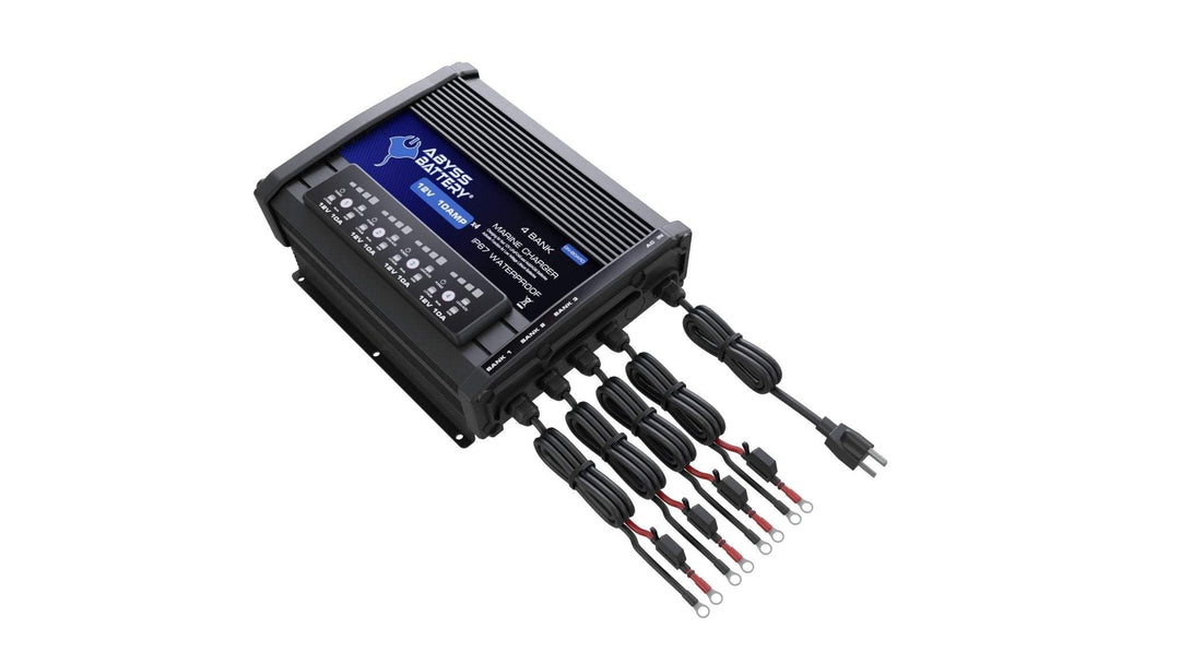 12V on-board marine battery charger with LED indicators and multiple charging connectors.