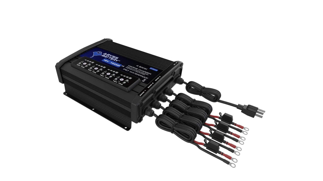 ABYSS® 4 Bank 12V On-Board Marine Battery Charger with LED indicators and pulse wake up mode.
