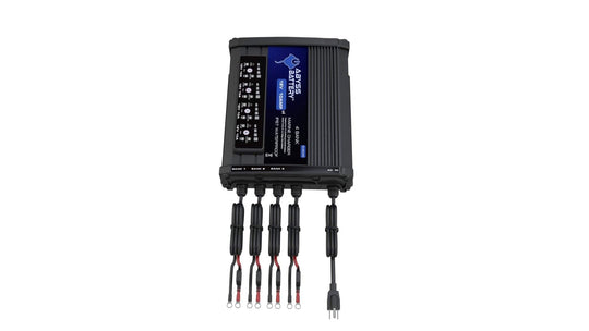 12V On-Board Marine Battery Charger with multiple bank connections and LED indicators.