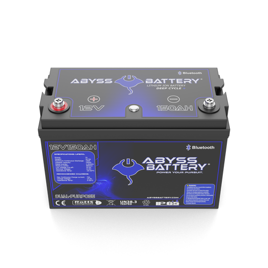 12V 150Ah dual purpose lithium marine battery with Bluetooth connectivity, ideal for mid-sized boats.