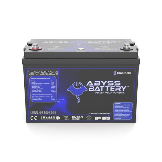 12V 150Ah dual-purpose lithium marine battery with Bluetooth connectivity.