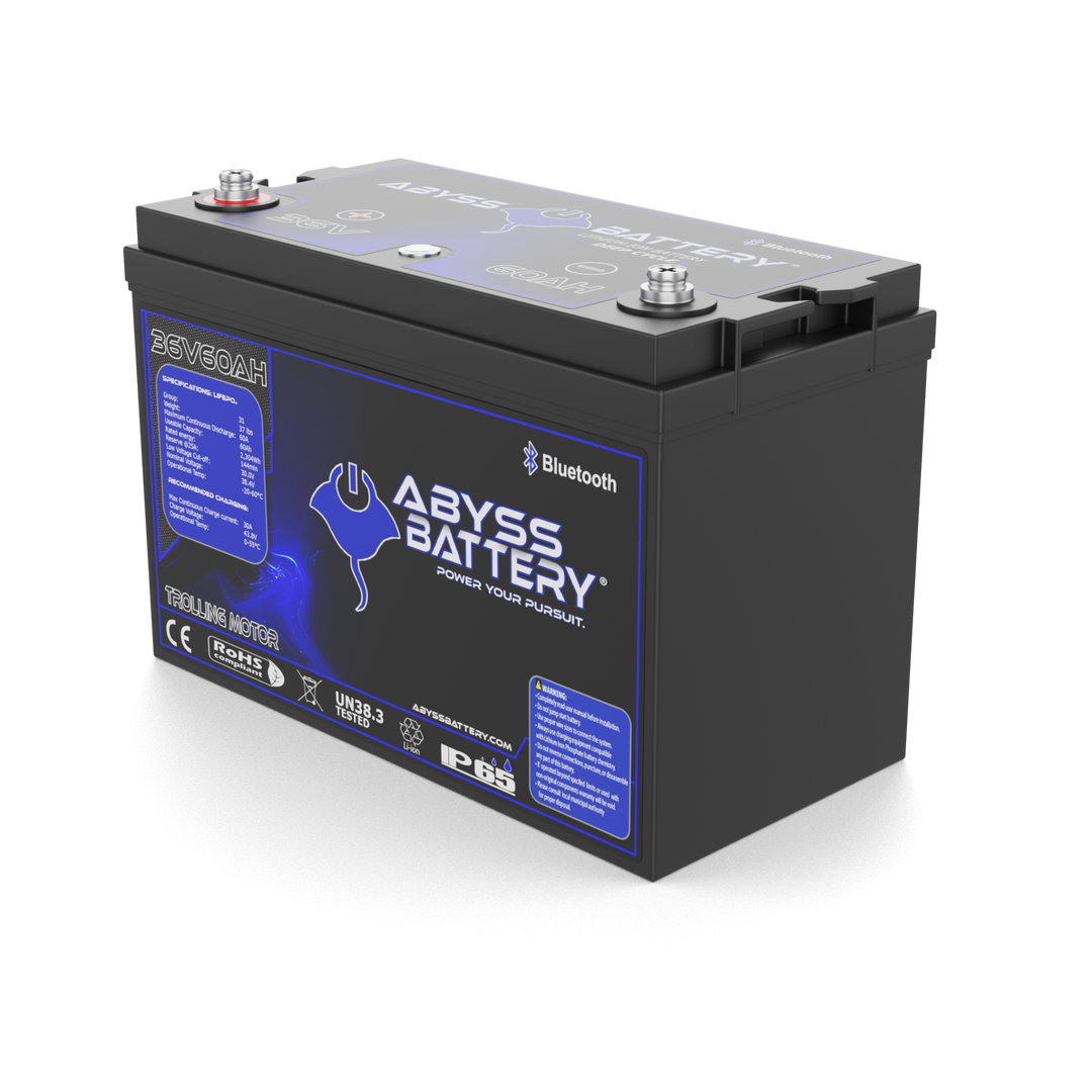 Abyss Battery® 36V 60Ah Lithium Trolling Motor Battery, compact and lightweight, ideal for marine use.