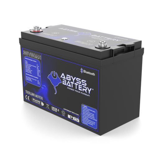 Abyss Battery® 36V 60Ah Lithium Trolling Motor Battery, compact and lightweight, ideal for marine use.