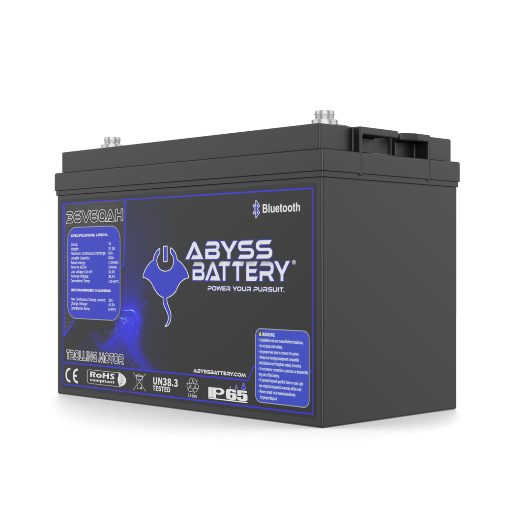 Abyss 36V 60Ah Lithium Trolling Motor Battery for marine use.