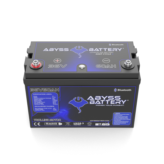 ABYSS® 36V 60Ah Lithium Trolling Motor Battery with sleek design for marine use.