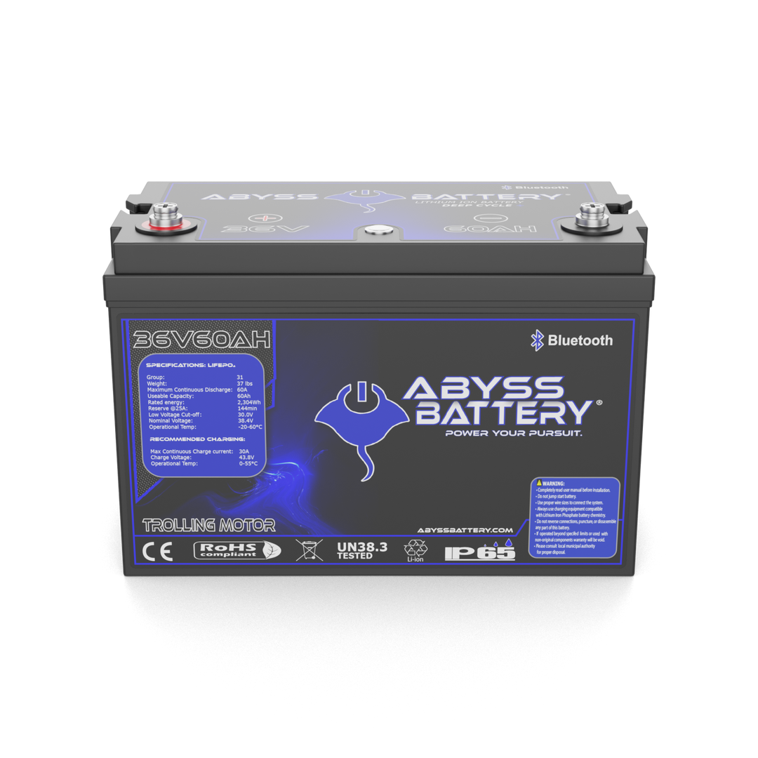 ABYSS 36V 60Ah Lithium Trolling Motor Battery for marine use.