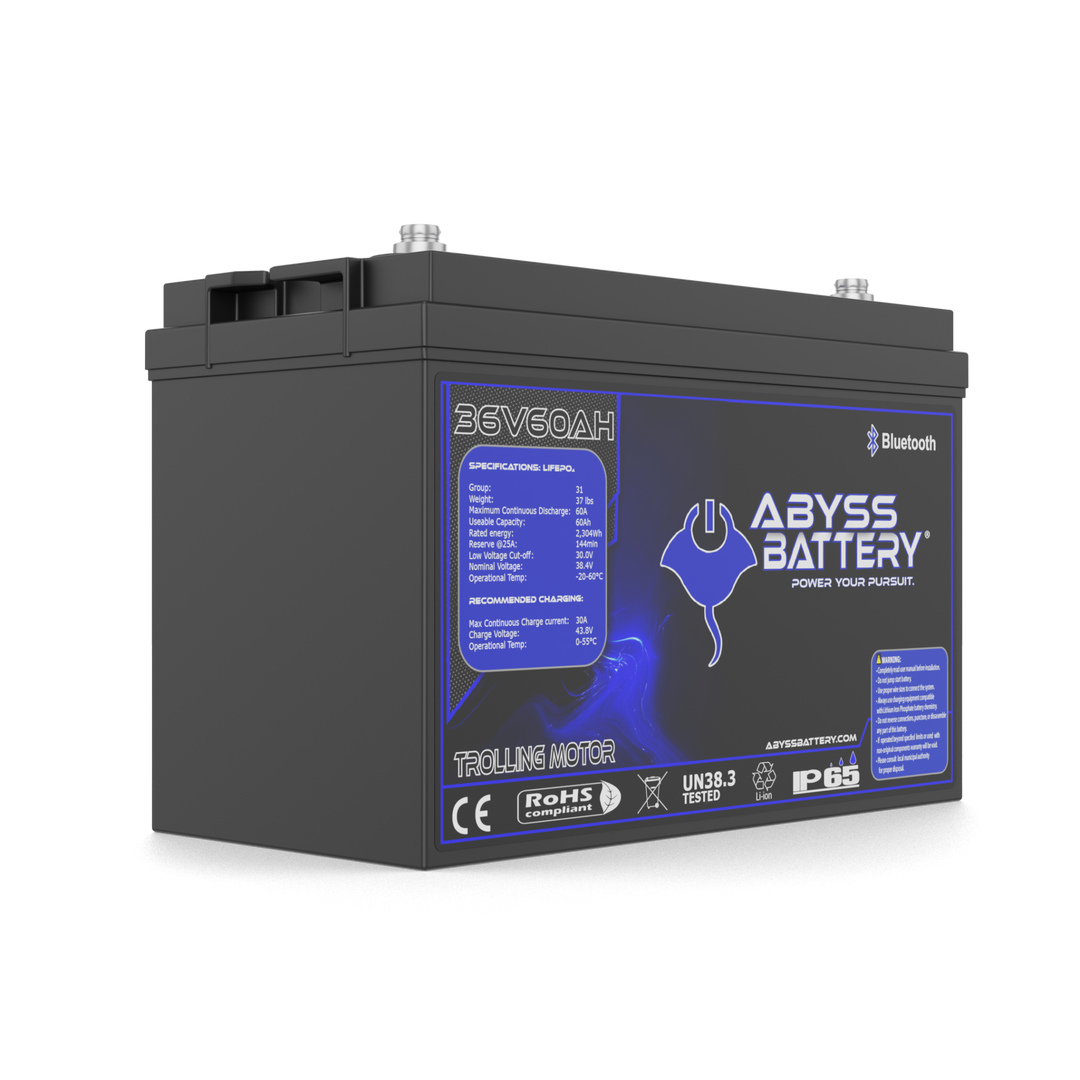 ABYSS® 36V 60Ah Lithium Trolling Motor Battery for reliable marine power.