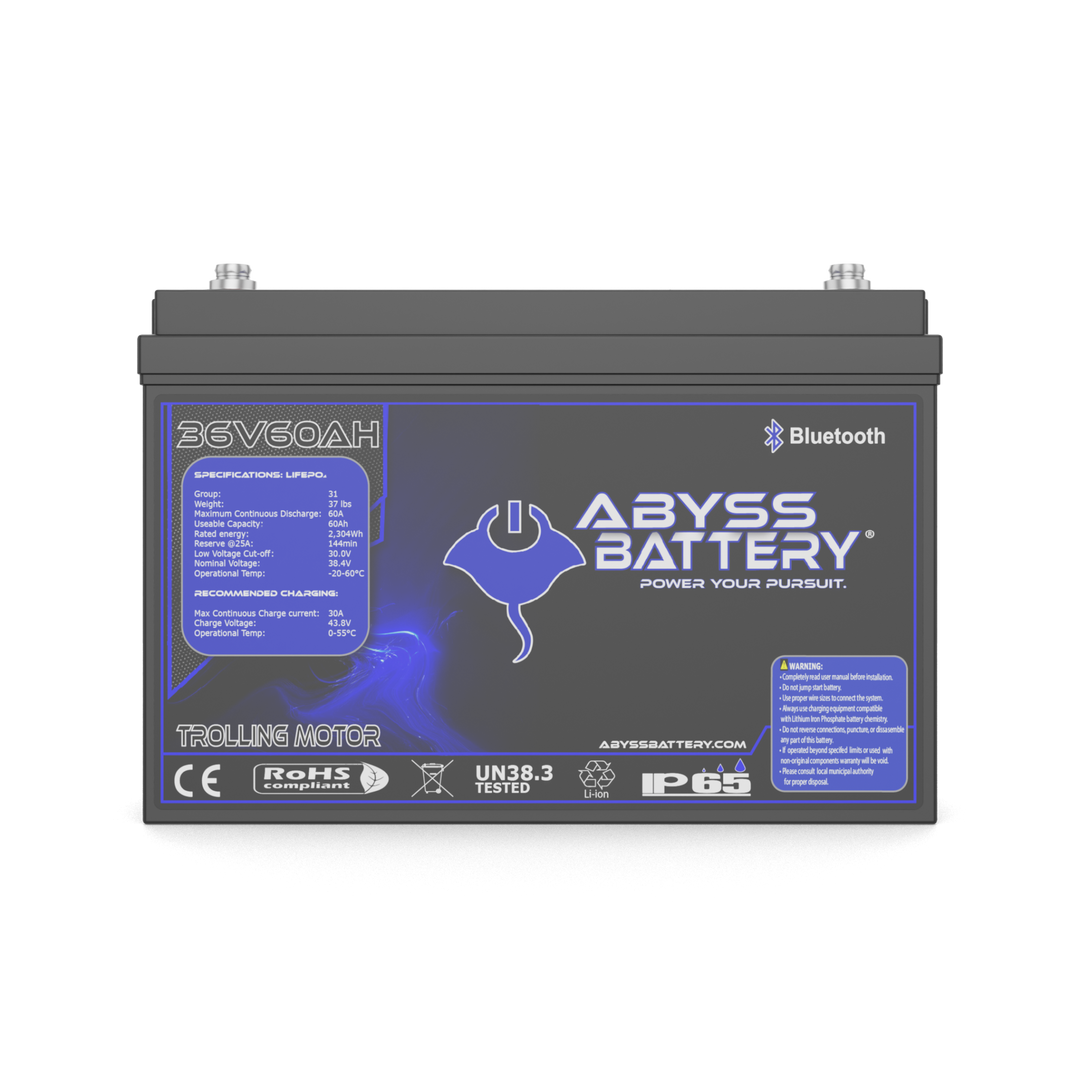 Lithium trolling motor battery by Abyss, 36V 60Ah, compact and lightweight for marine use.
