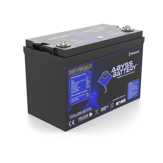 Abyss 36V 60Ah Lithium Trolling Motor Battery, compact marine power solution.