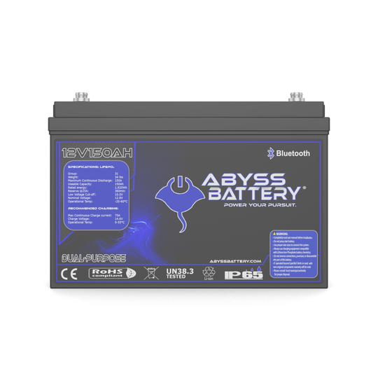 ABYSS® 12V 150Ah Dual Purpose Lithium Marine Battery with Bluetooth connectivity and Group 31 design.