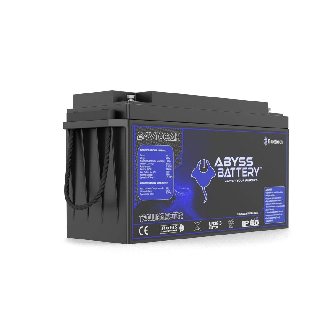 ABYSS® 24V 100Ah Lithium Trolling Motor Battery, compact and lightweight for reliable marine use.