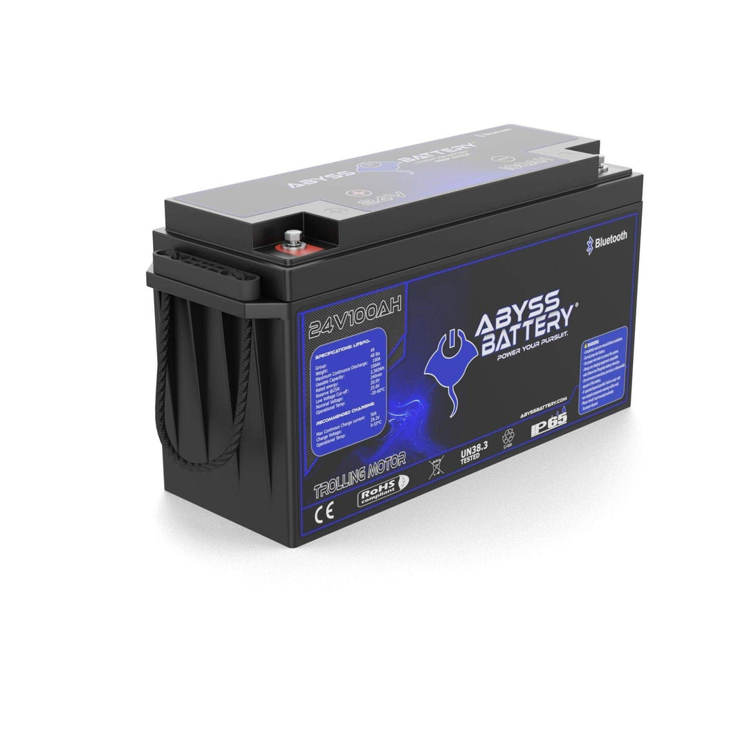 ABYSS® 24V 100Ah lithium trolling motor battery, compact and lightweight for marine use.