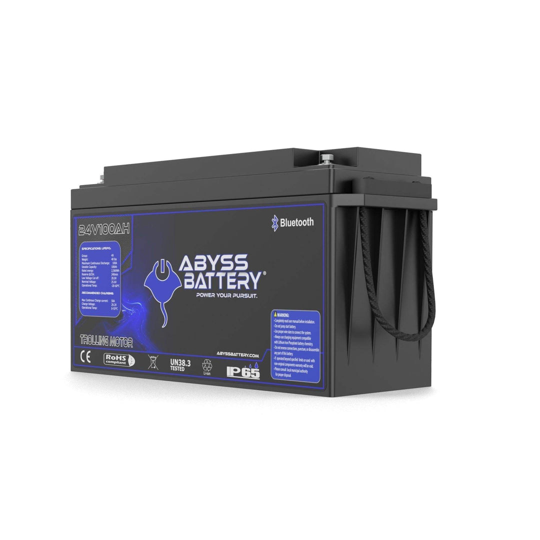 ABYSS® 24V 100Ah lithium trolling motor battery, compact and lightweight design for deep cycle marine use.